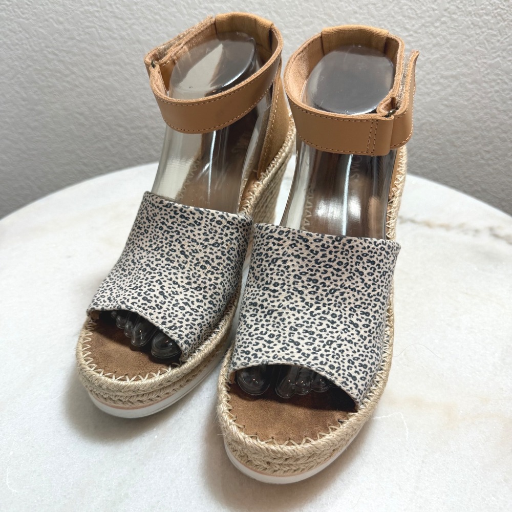 TOMS Monica‎ Cheetah Print Espadrille Wedge Sandals Tan Black 10017853 size 9